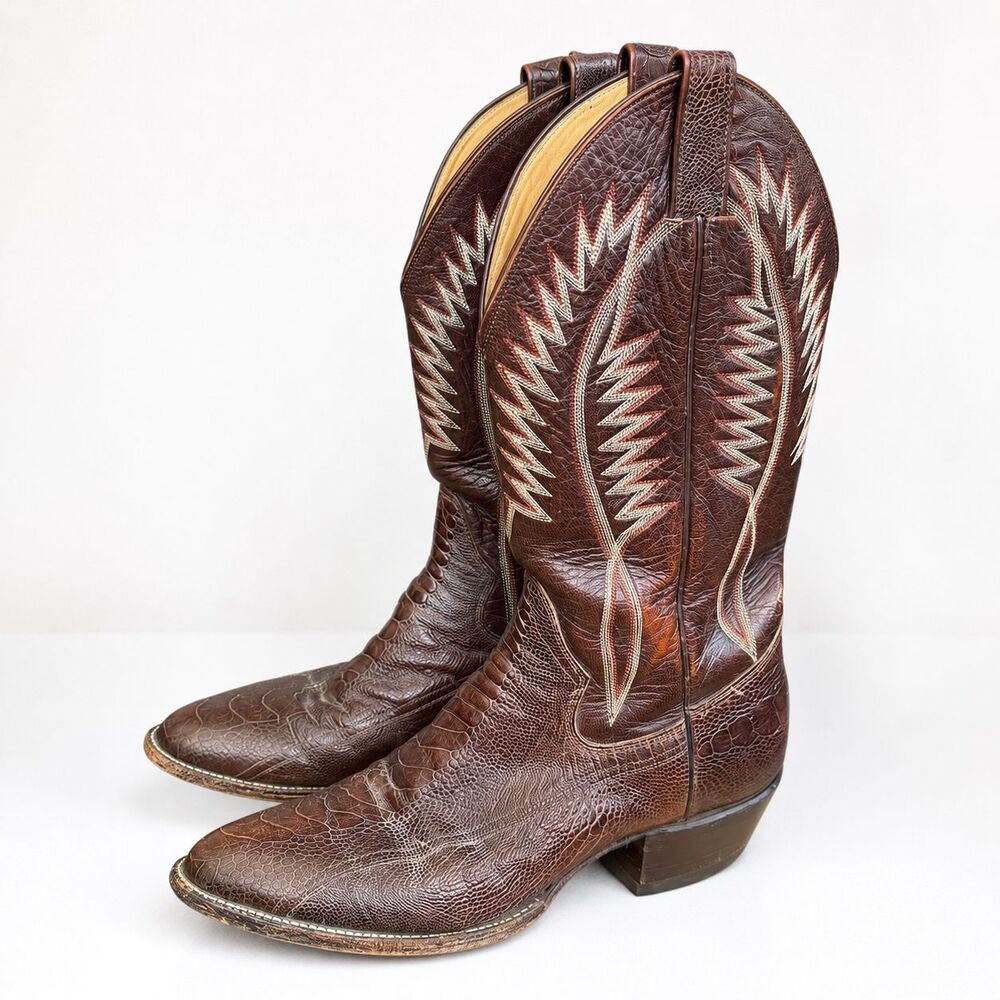 Vintage Sanders Ostrich Leg Cowboy Boots Mens 9.5 D Brown Exotic Western 51046